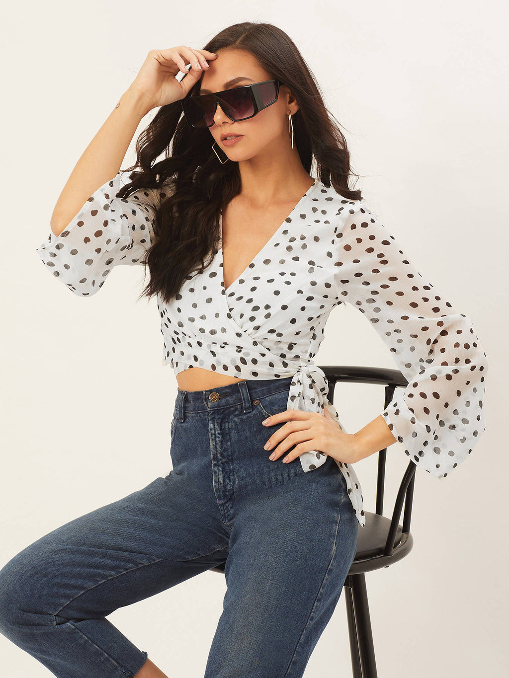 Women White & Black Printed Wrap Crop Top | CT61 - view 4