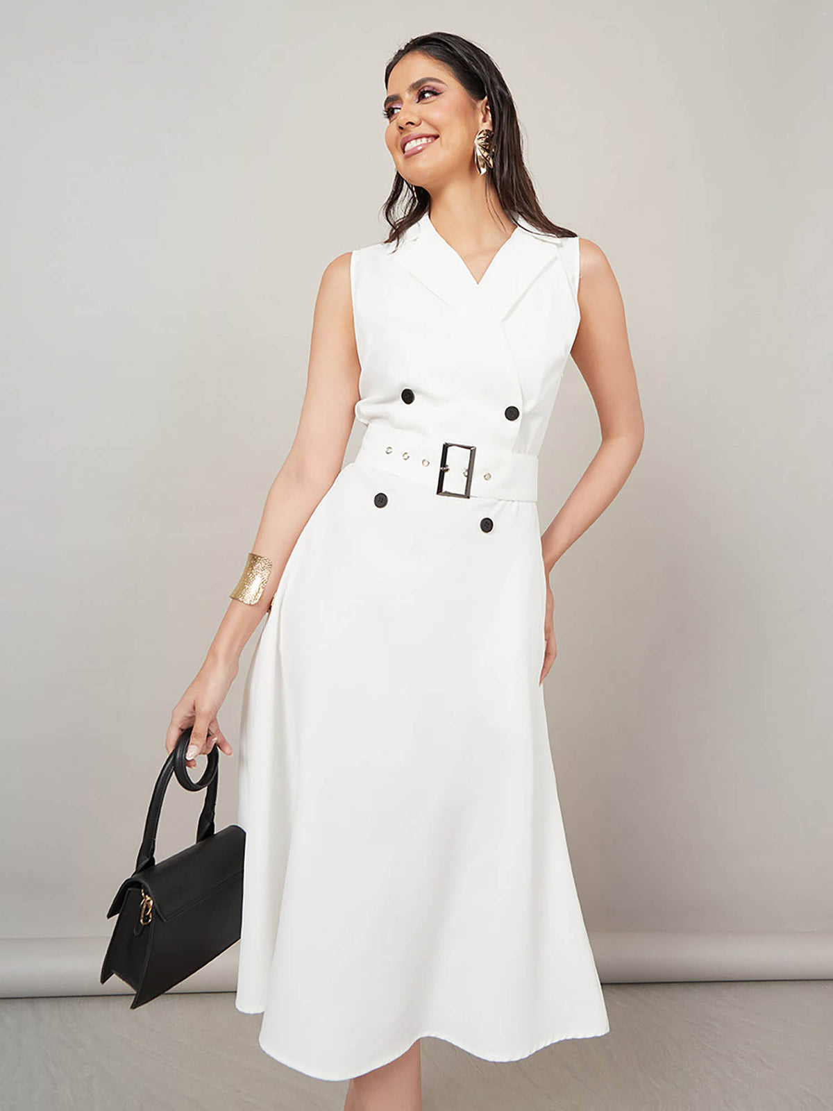 Women White Belted Notch Lapel Neck Blazer Midi Dress | D56 - view 1