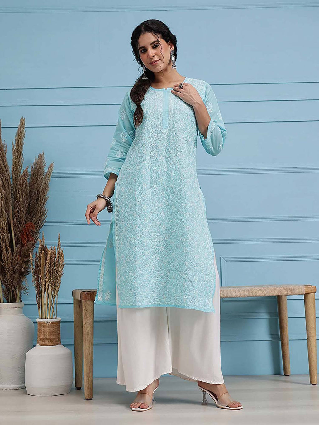 Hand Embroidered White Cotton Lucknowi Chikan Kurta (XS) (A411181) | KDG - view 56