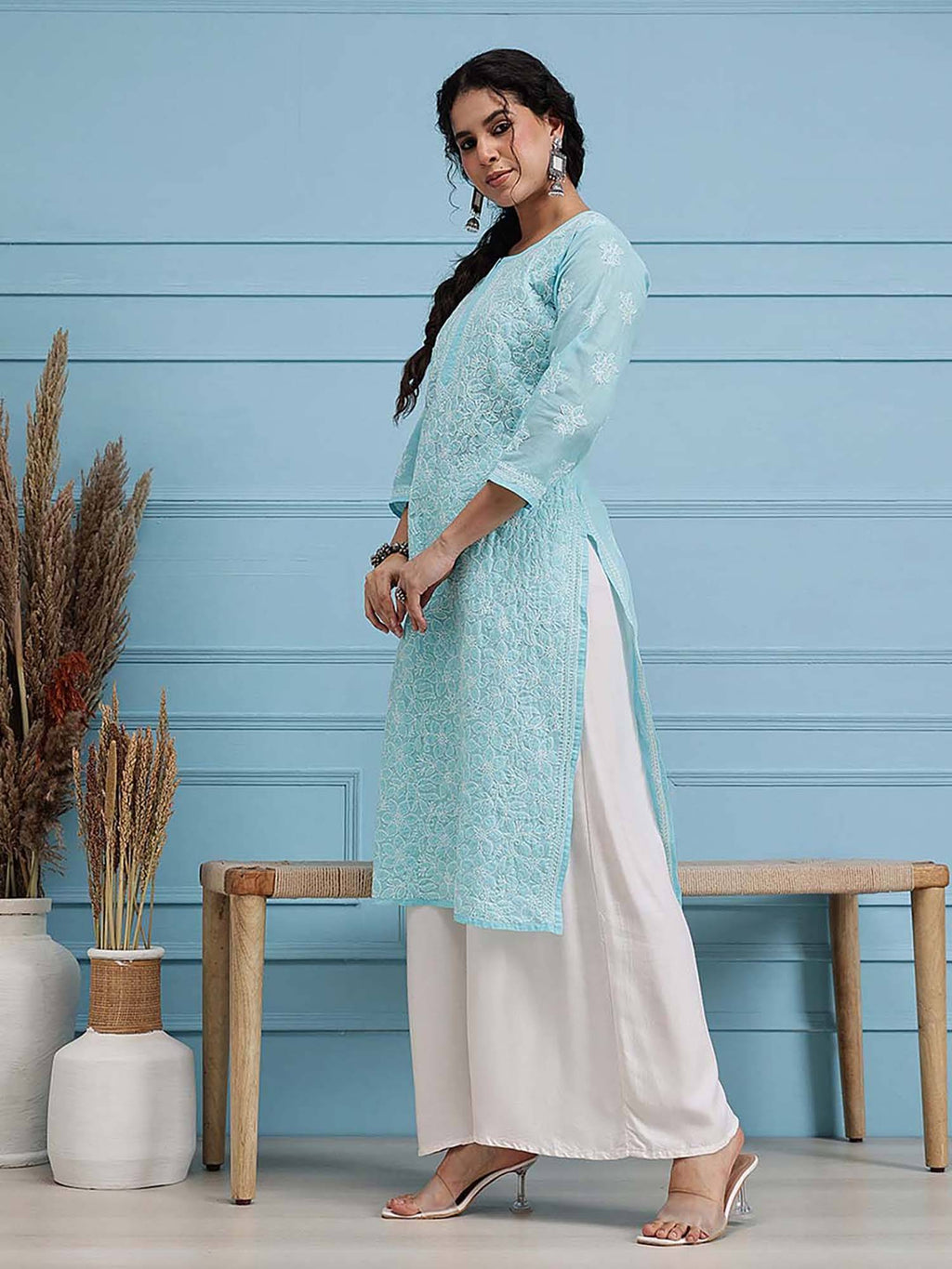Hand Embroidered White Cotton Lucknowi Chikan Kurta (XS) (A411181) | KDG - view 58