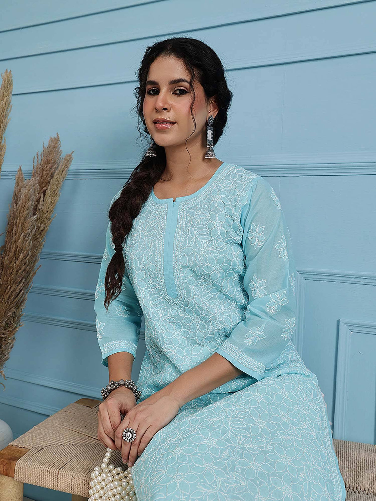 Hand Embroidered White Cotton Lucknowi Chikan Kurta (XS) (A411181) | KDG - view 59