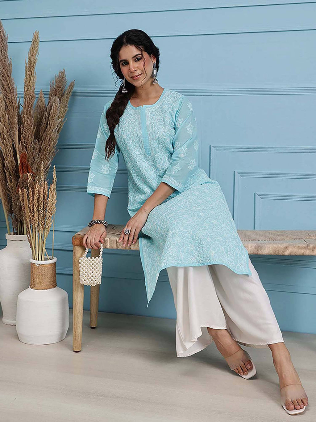 Hand Embroidered White Cotton Lucknowi Chikan Kurta (XS) (A411181) | KDG - view 61