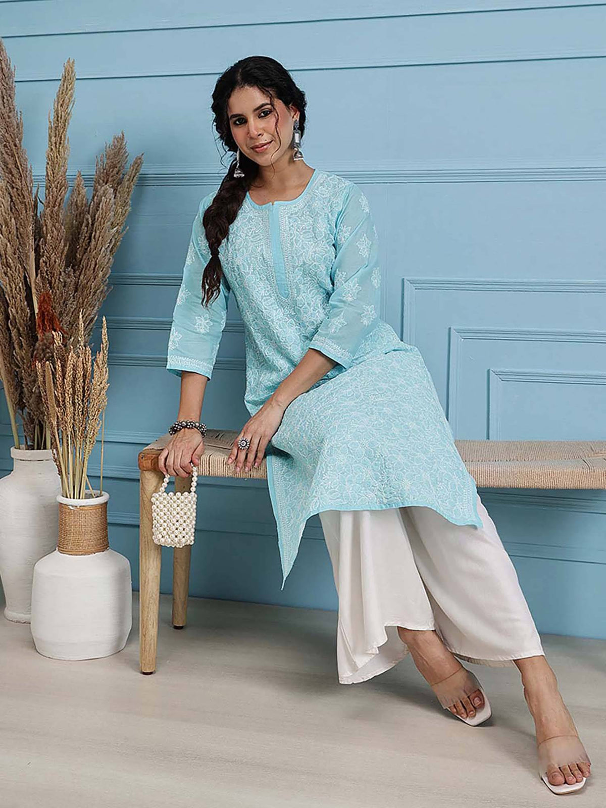 Hand Embroidered White Cotton Lucknowi Chikan Kurta (XS) (A411181) | KDG - view 61