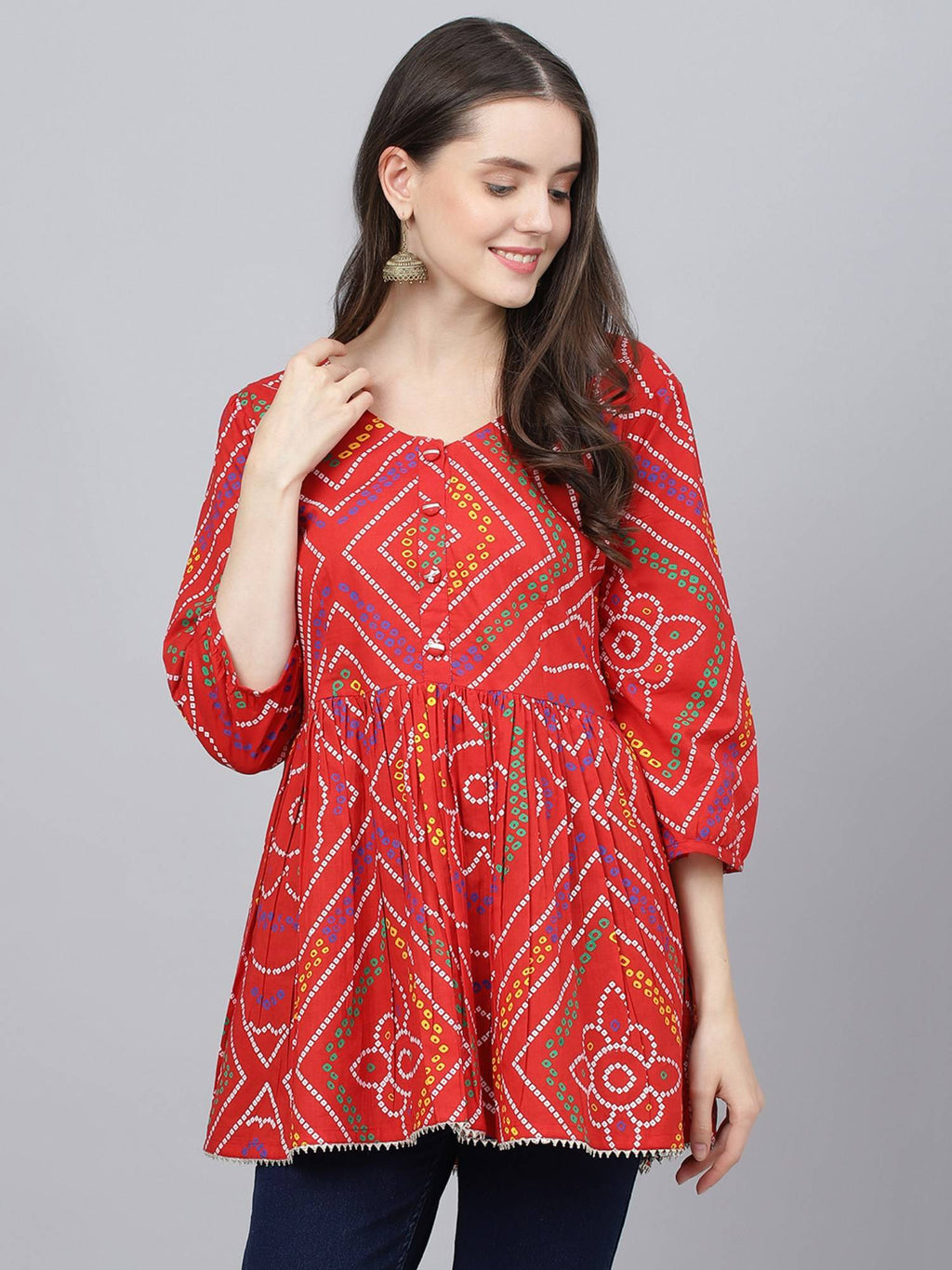 Red Bandhani Printed Cotton Peplum Top | pt51 - view 1