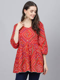 Red Bandhani Printed Cotton Peplum Top | pt51 - view 1
