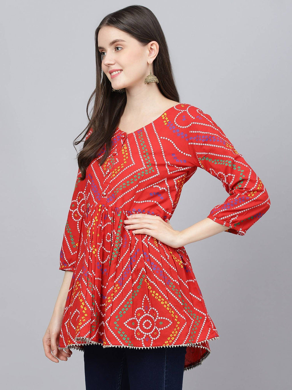Red Bandhani Printed Cotton Peplum Top | pt51 - view 3