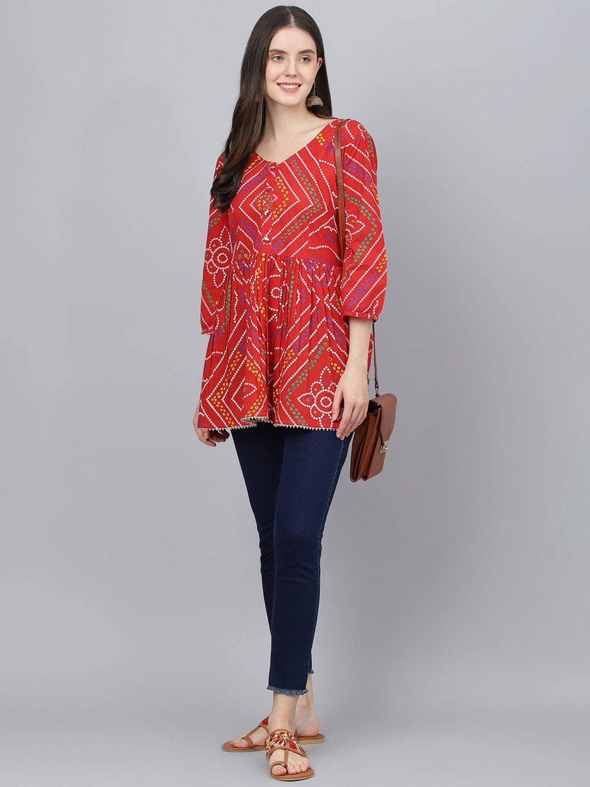 Red Bandhani Printed Cotton Peplum Top | pt51 - view 5