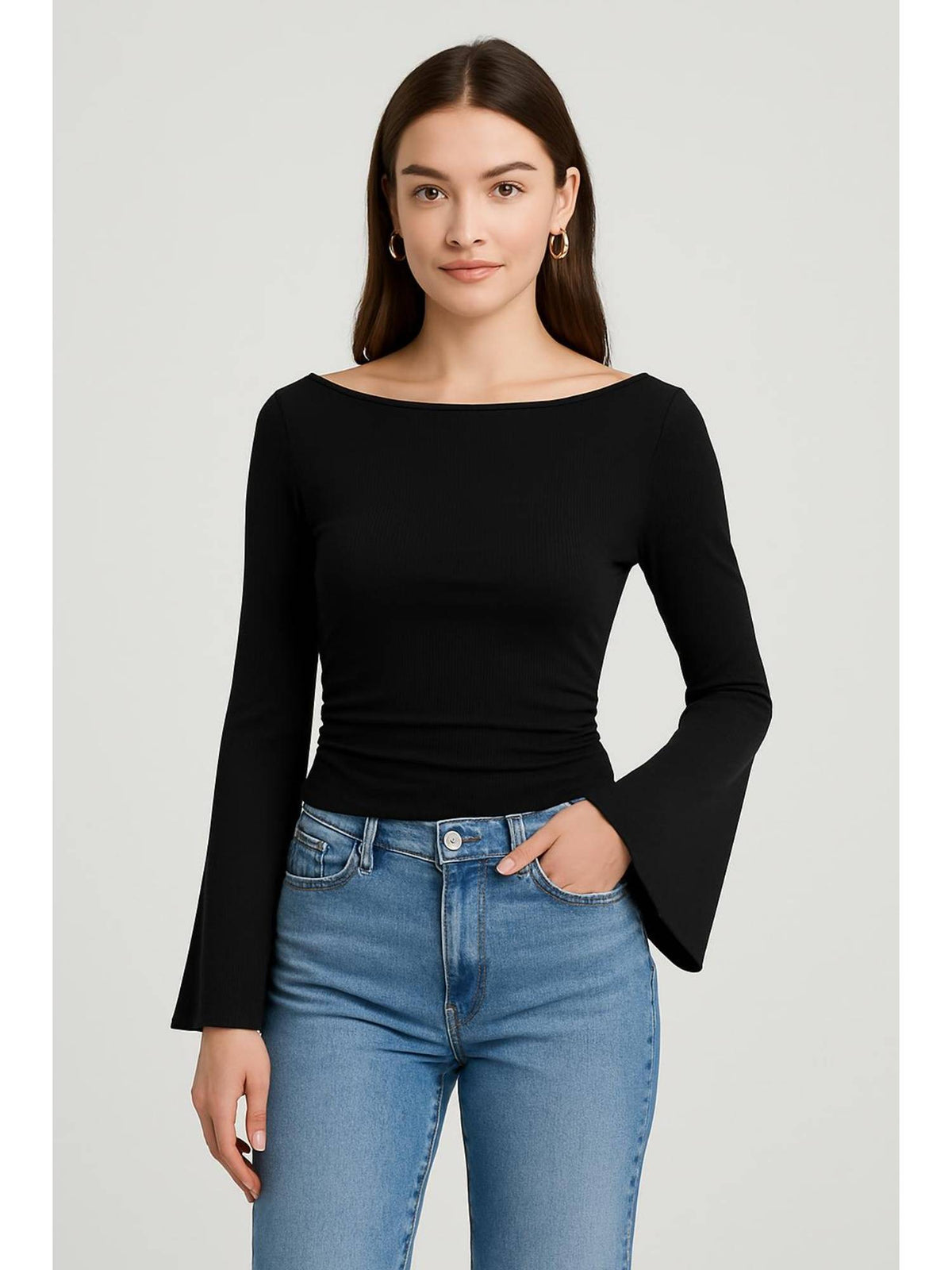 Boat Neck Solid Ruched Long Sleeve Tee | TS56 - view 40