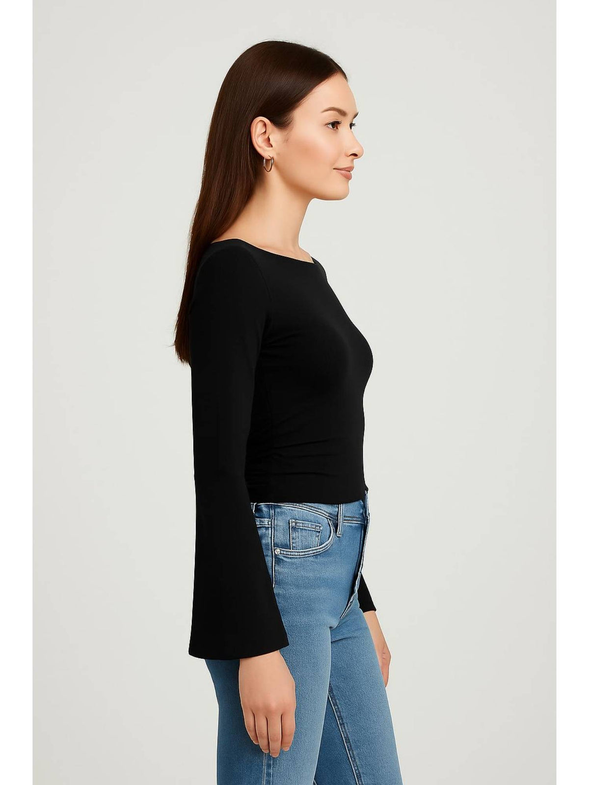 Boat Neck Solid Ruched Long Sleeve Tee | TS56 - view 2