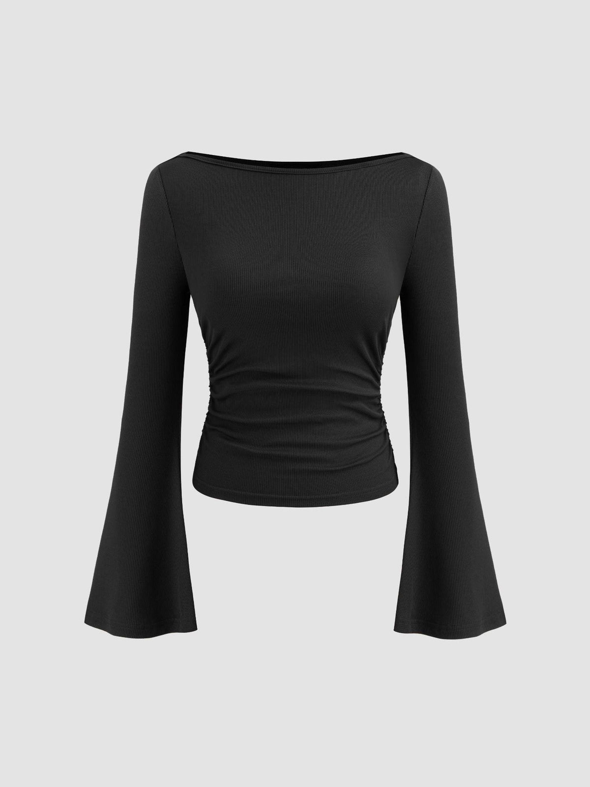 Boat Neck Solid Ruched Long Sleeve Tee | TS56 - view 3
