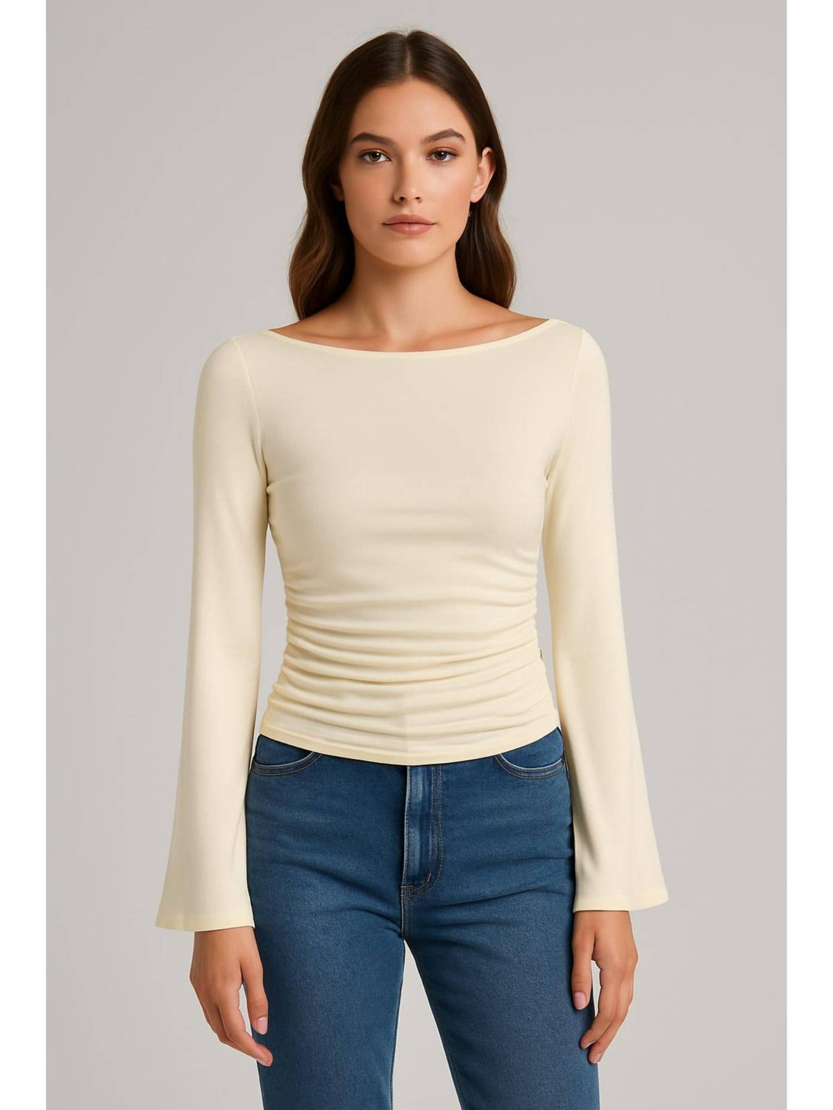 Boat Neck Solid Ruched Long Sleeve Tee | TS56 - view 29
