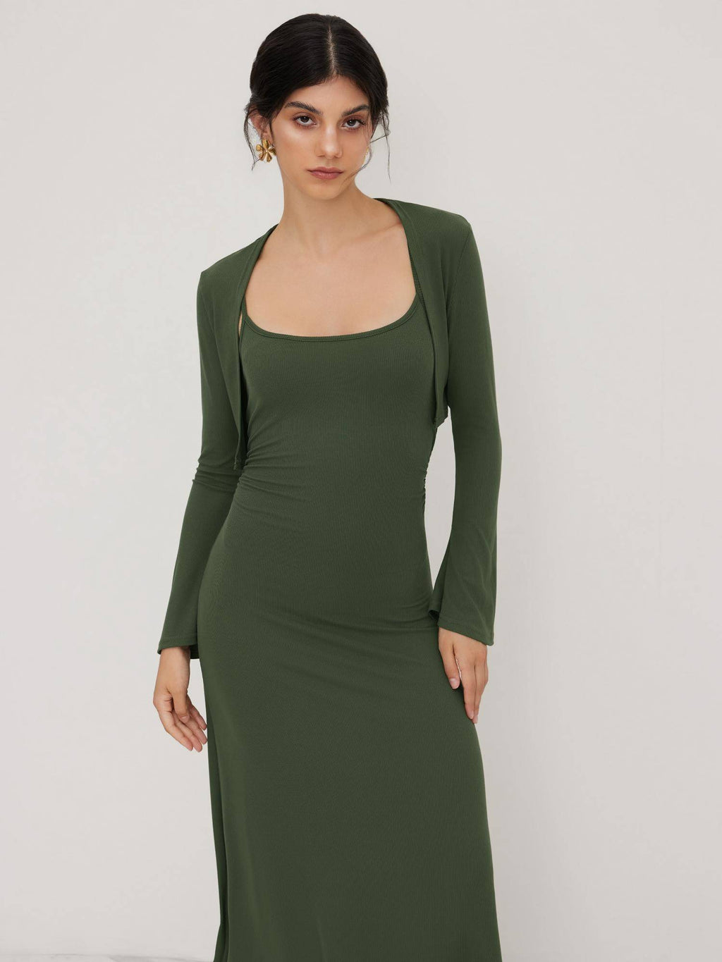 Ruched Solid Cami Maxi Dress & Solid Long Sleeve Shrug | D56 - view 7