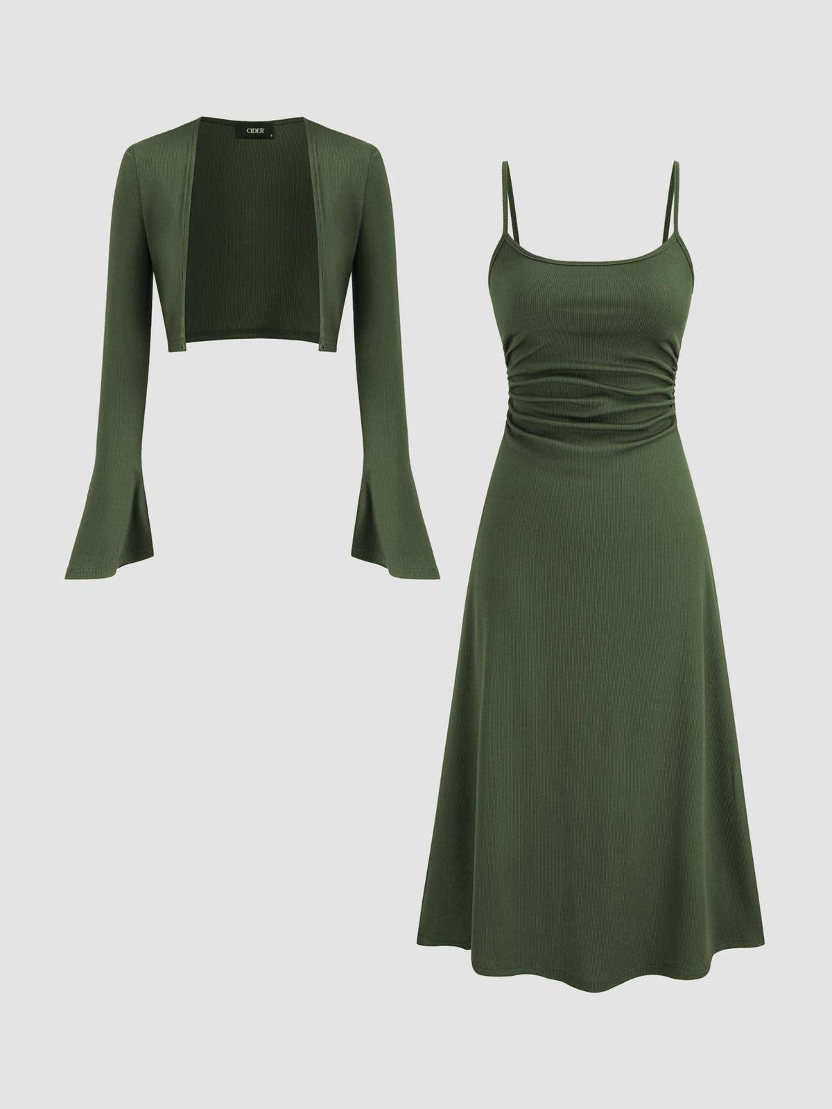 Ruched Solid Cami Maxi Dress & Solid Long Sleeve Shrug | D56 - view 11