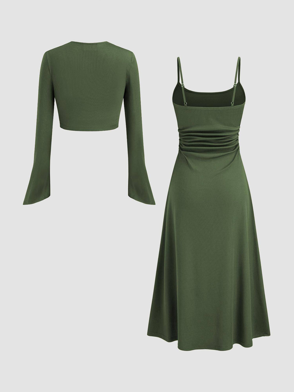 Ruched Solid Cami Maxi Dress & Solid Long Sleeve Shrug | D56 - view 12