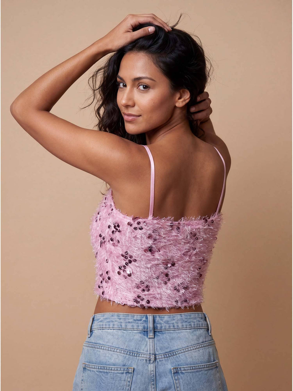 Pink Fuzzy Sequin Spaghetti Strap Cami Crop Top | CT61 - view 2
