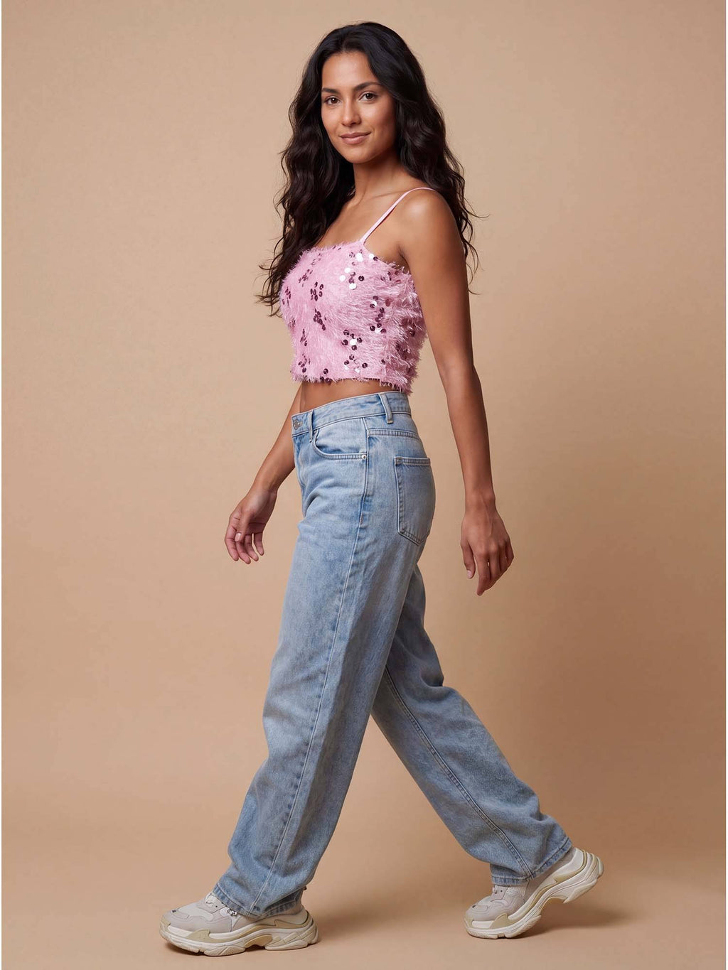 Pink Fuzzy Sequin Spaghetti Strap Cami Crop Top | CT61 - view 3