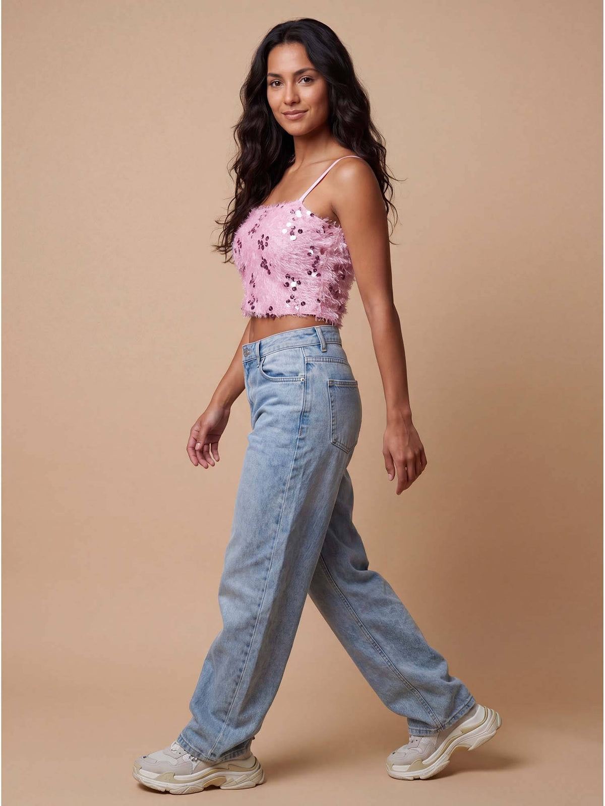 Pink Fuzzy Sequin Spaghetti Strap Cami Crop Top | CT61 - view 3