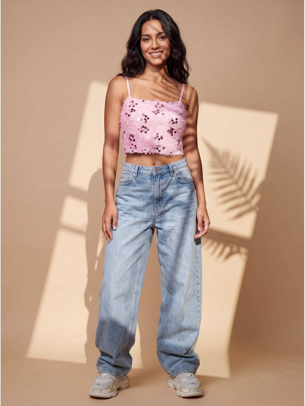 Pink Fuzzy Sequin Spaghetti Strap Cami Crop Top | CT61 - view 4