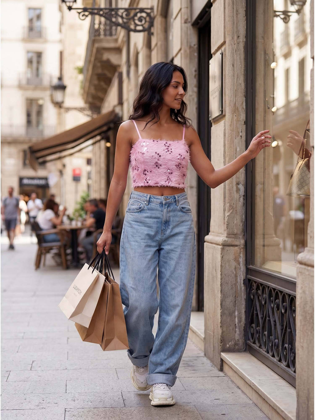 Pink Fuzzy Sequin Spaghetti Strap Cami Crop Top | CT61 - view 5