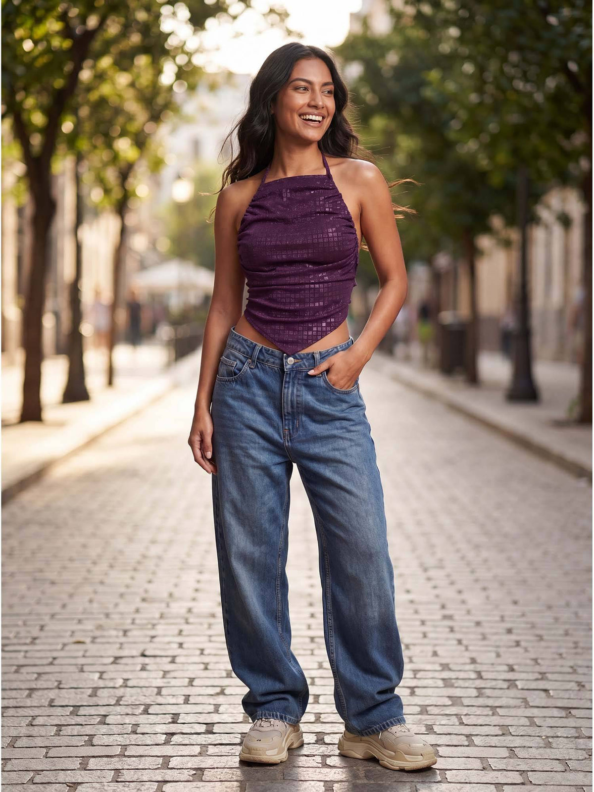 Purple Self Design Ruched Halter Neck Asymmetric Top | CT61 - view 2