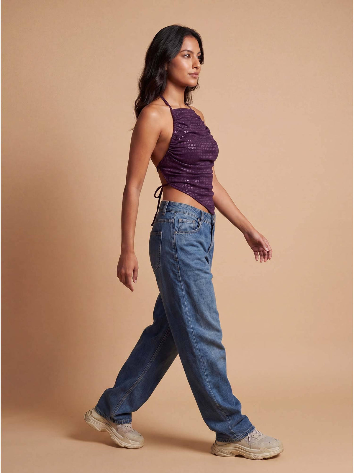 Purple Self Design Ruched Halter Neck Asymmetric Top | CT61 - view 4
