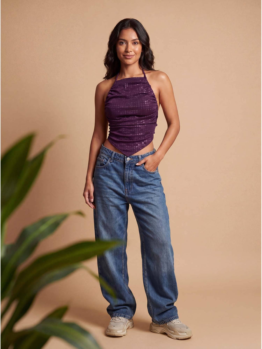 Purple Self Design Ruched Halter Neck Asymmetric Top | CT61 - view 6