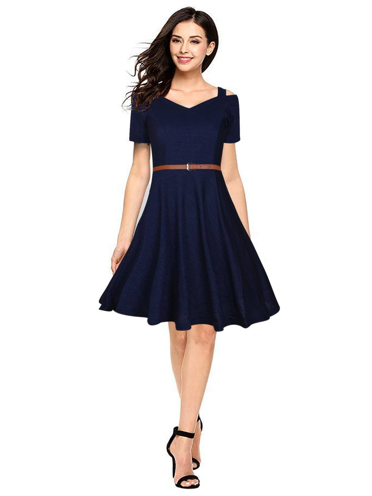 Navy Blue Polyester Skater Dress with Belt For Women (Set of 2) | D56 - view 1