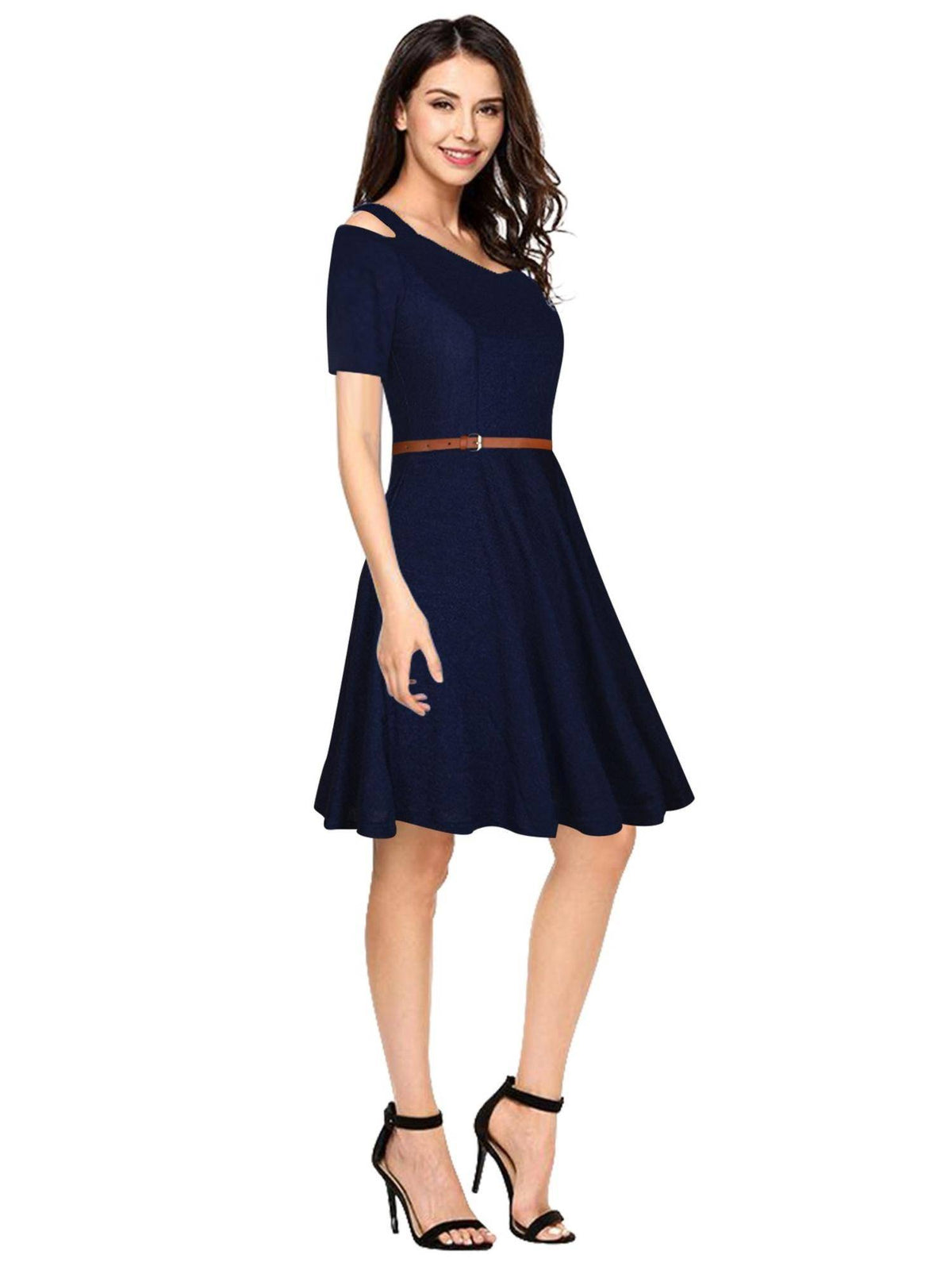 Navy Blue Polyester Skater Dress with Belt For Women (Set of 2) | D56 - view 2