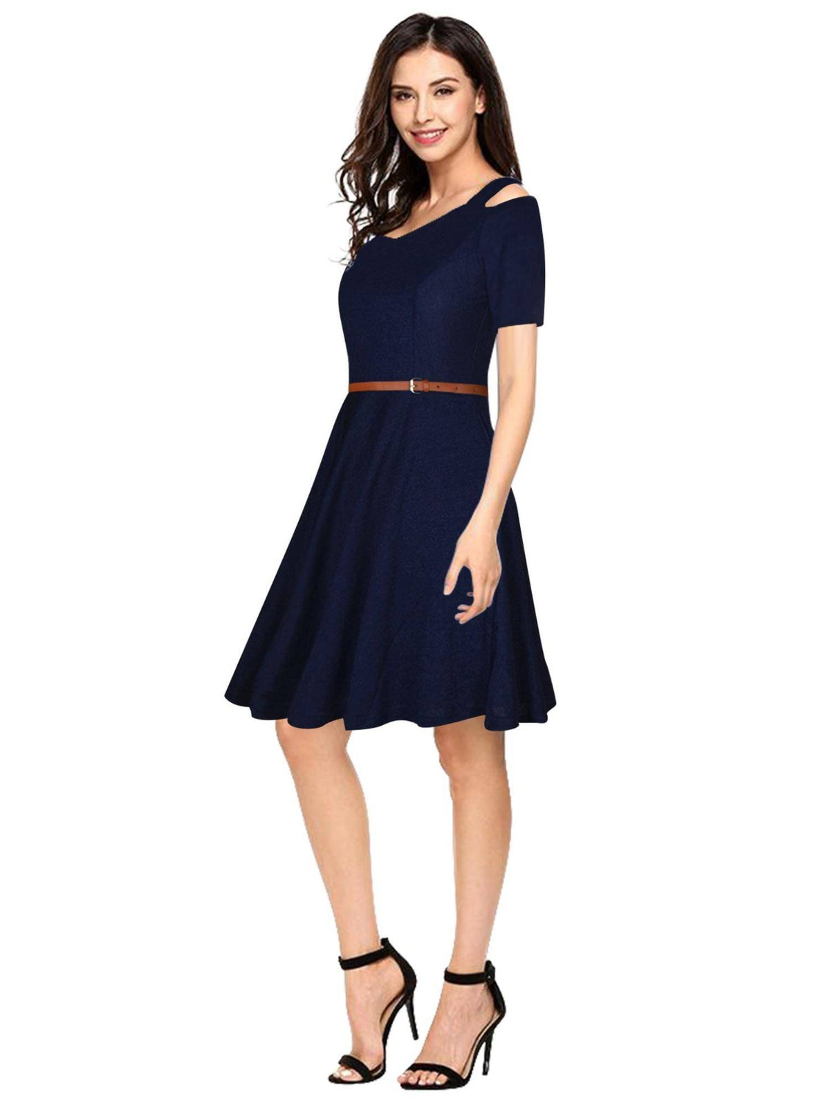 Navy Blue Polyester Skater Dress with Belt For Women (Set of 2) | D56 - view 3