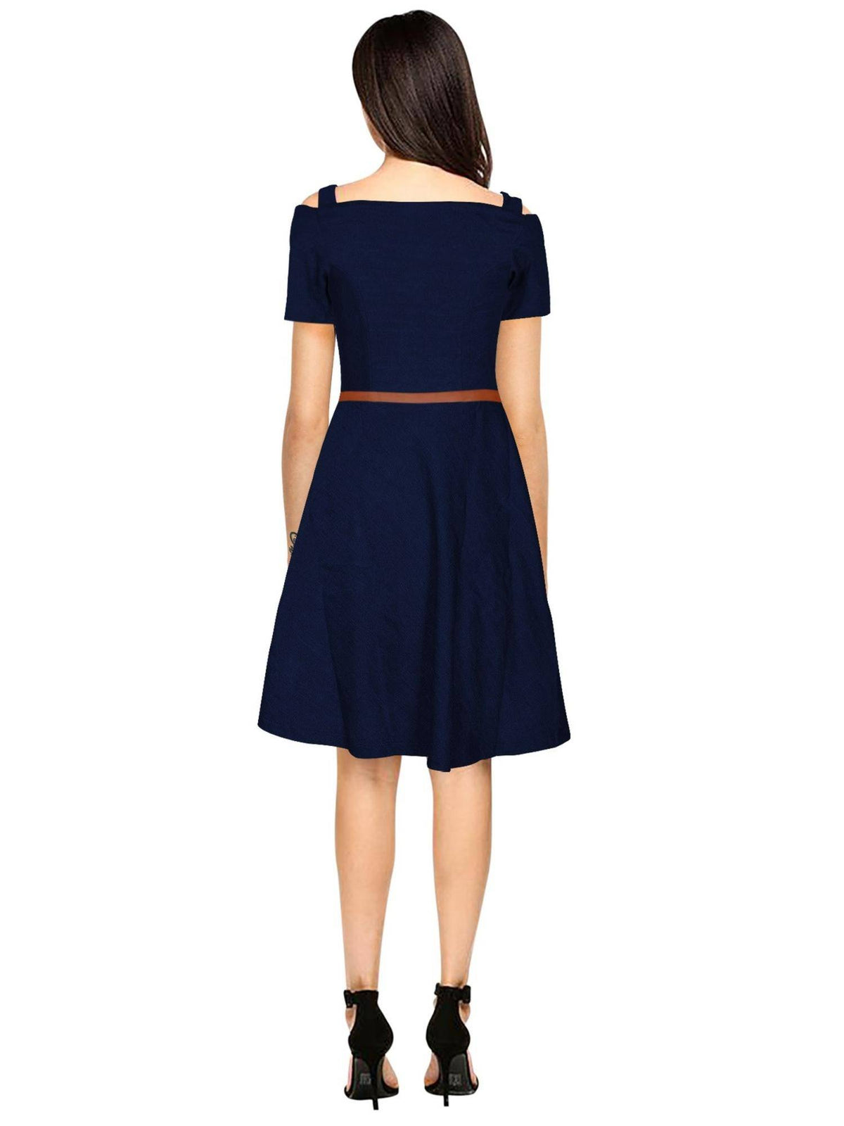 Navy Blue Polyester Skater Dress with Belt For Women (Set of 2) | D56 - view 4