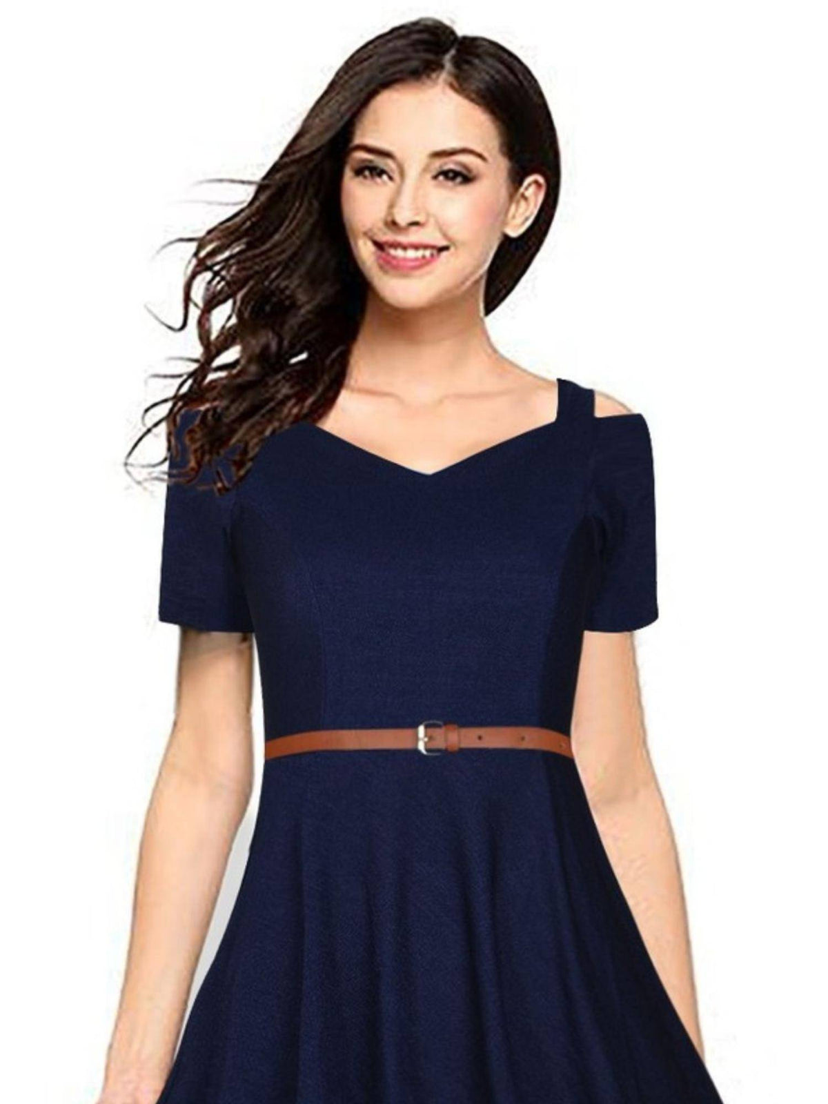 Navy Blue Polyester Skater Dress with Belt For Women (Set of 2) | D56 - view 5