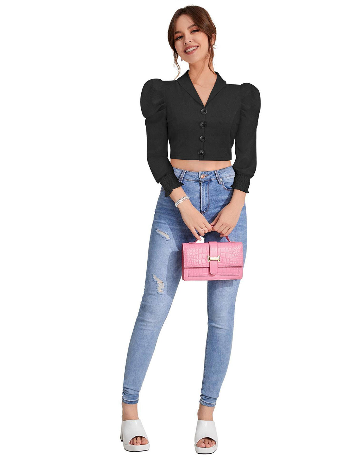 Black Polyester Solid Crop Top For Women | CT61 - view 5