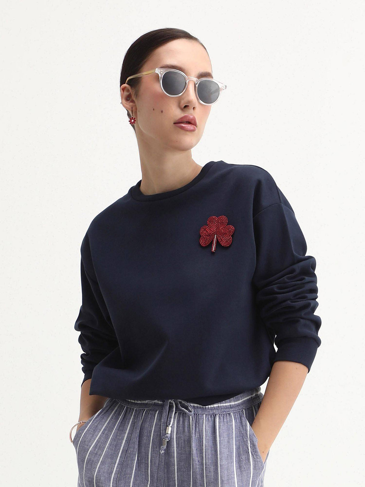 Women Greta Navy Blue Crew Neck Regular Fit Sweatshirt | SS90 - view 1