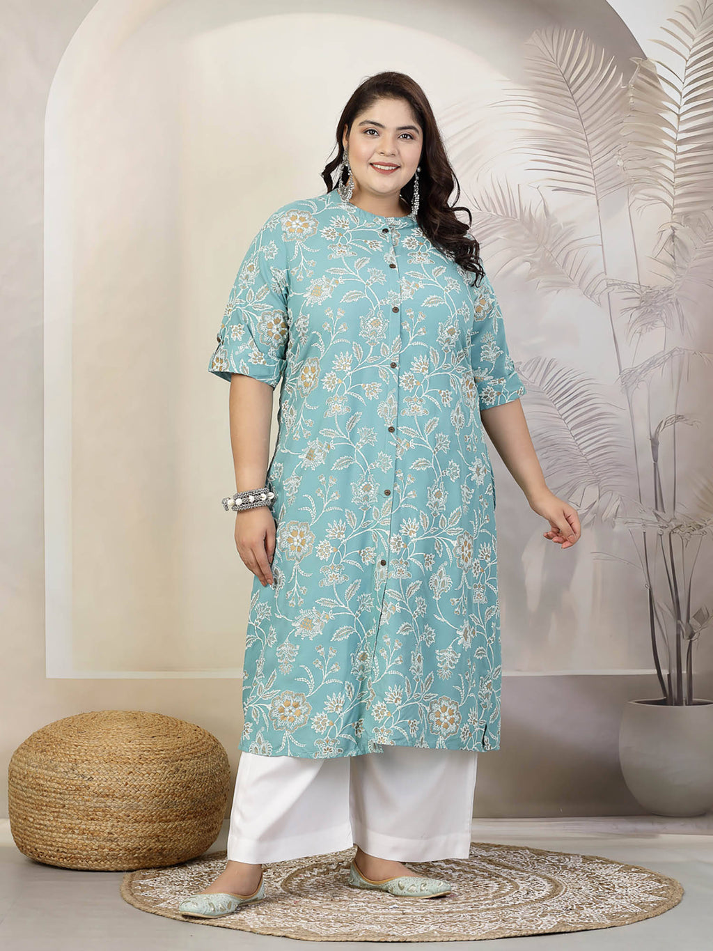 Women Plus Size Mauve Floral Printed Rayon A-Line Kurta | U3S - view 7