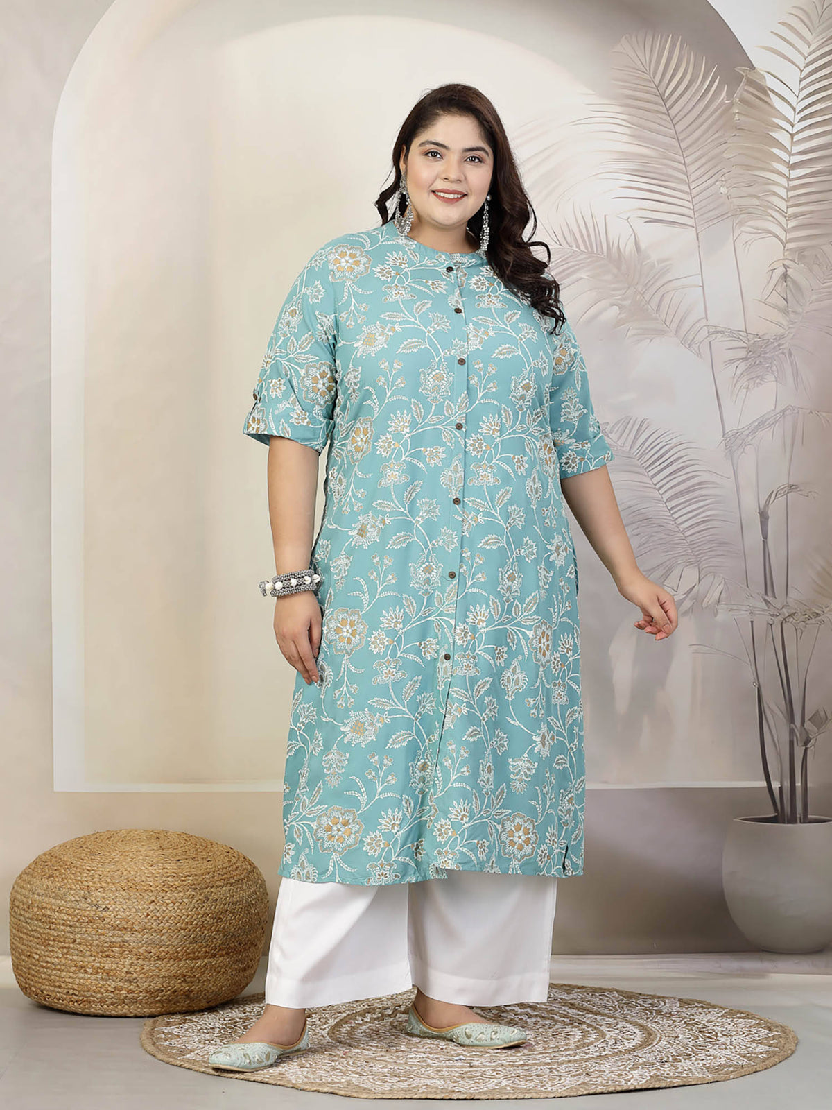 Women Plus Size Mauve Floral Printed Rayon A-Line Kurta | U3S - view 7