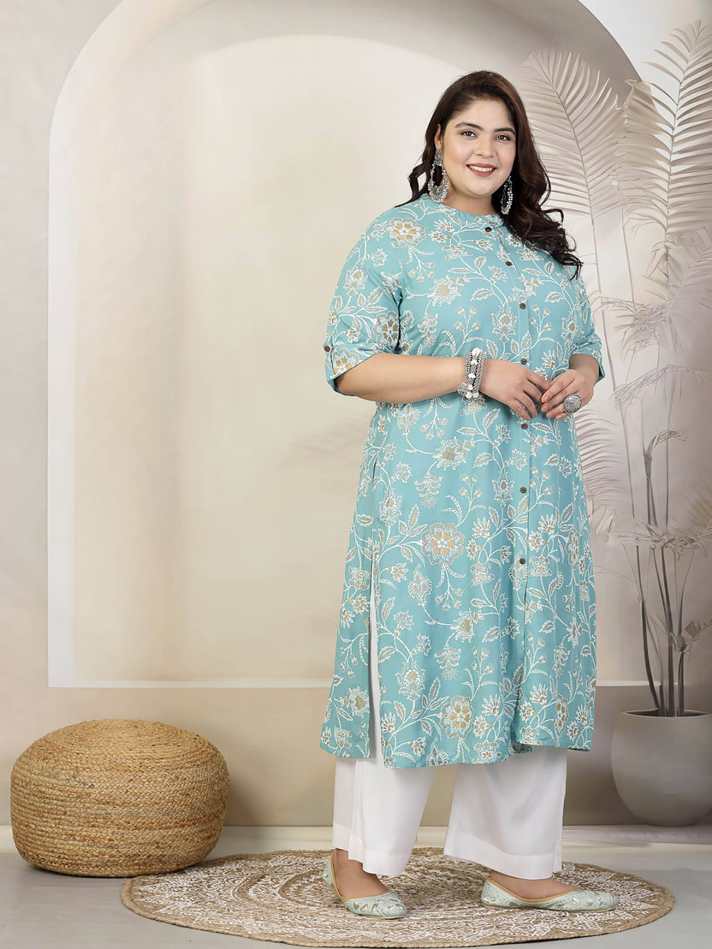 Women Plus Size Mauve Floral Printed Rayon A-Line Kurta | U3S - view 9