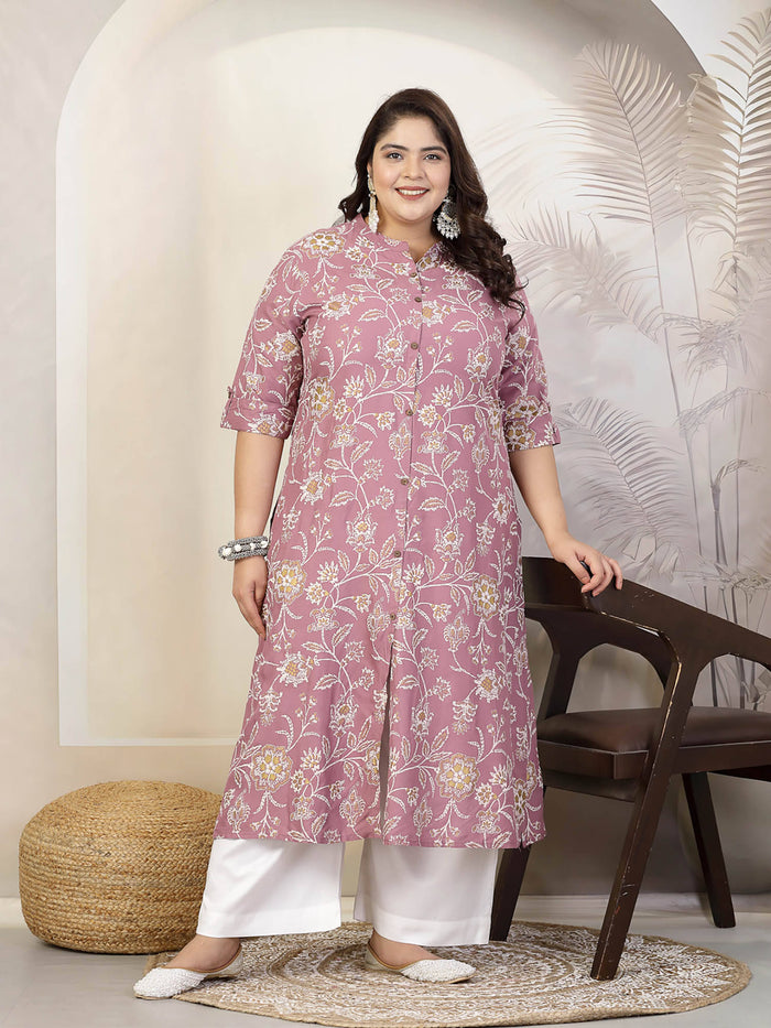 Women Plus Size Mauve Floral Printed Rayon A-Line Kurta | FY93 - view 1