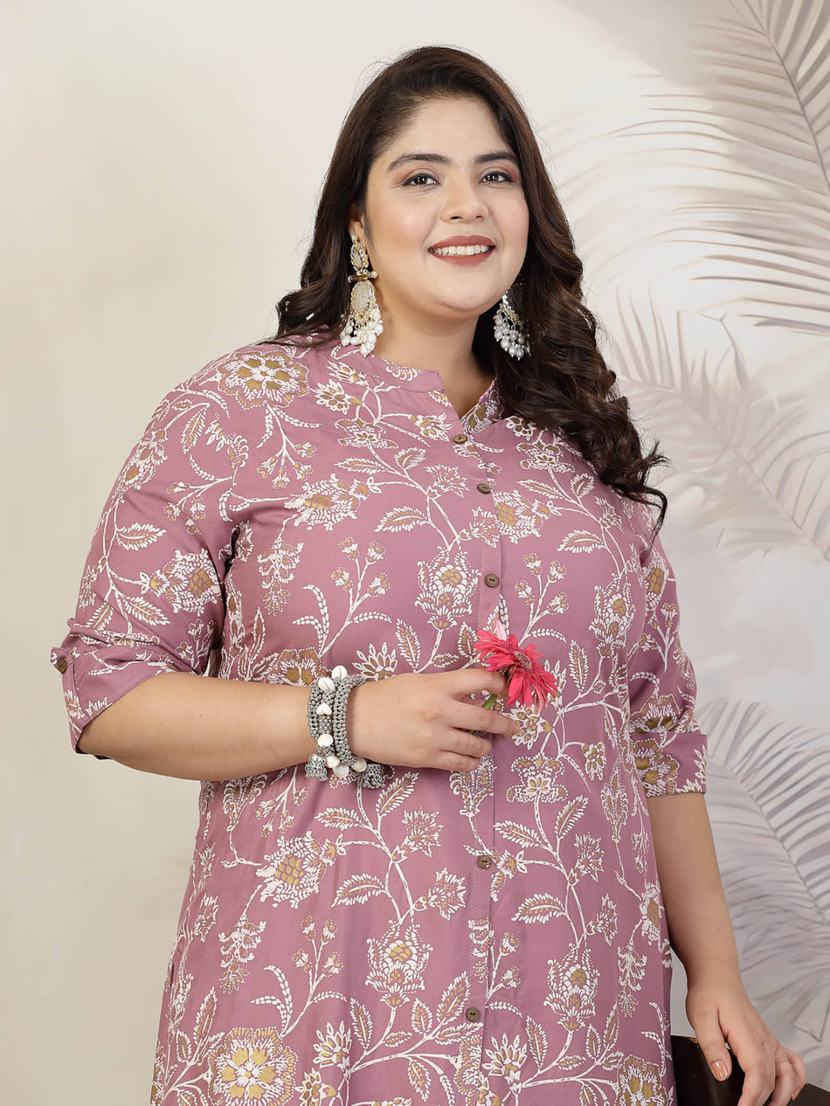 Women Plus Size Mauve Floral Printed Rayon A-Line Kurta | U3S - view 4