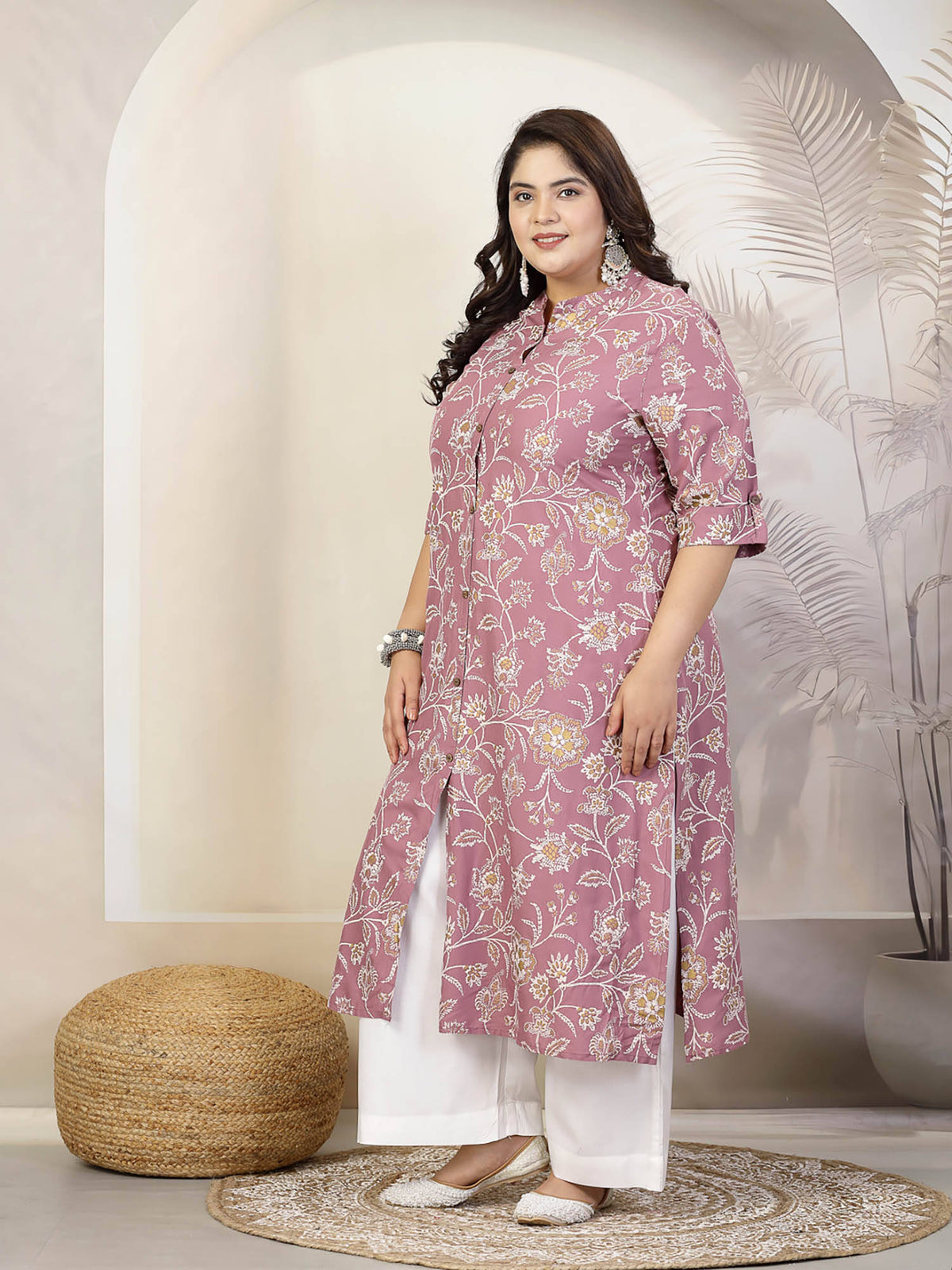 Women Plus Size Mauve Floral Printed Rayon A-Line Kurta | U3S - view 6