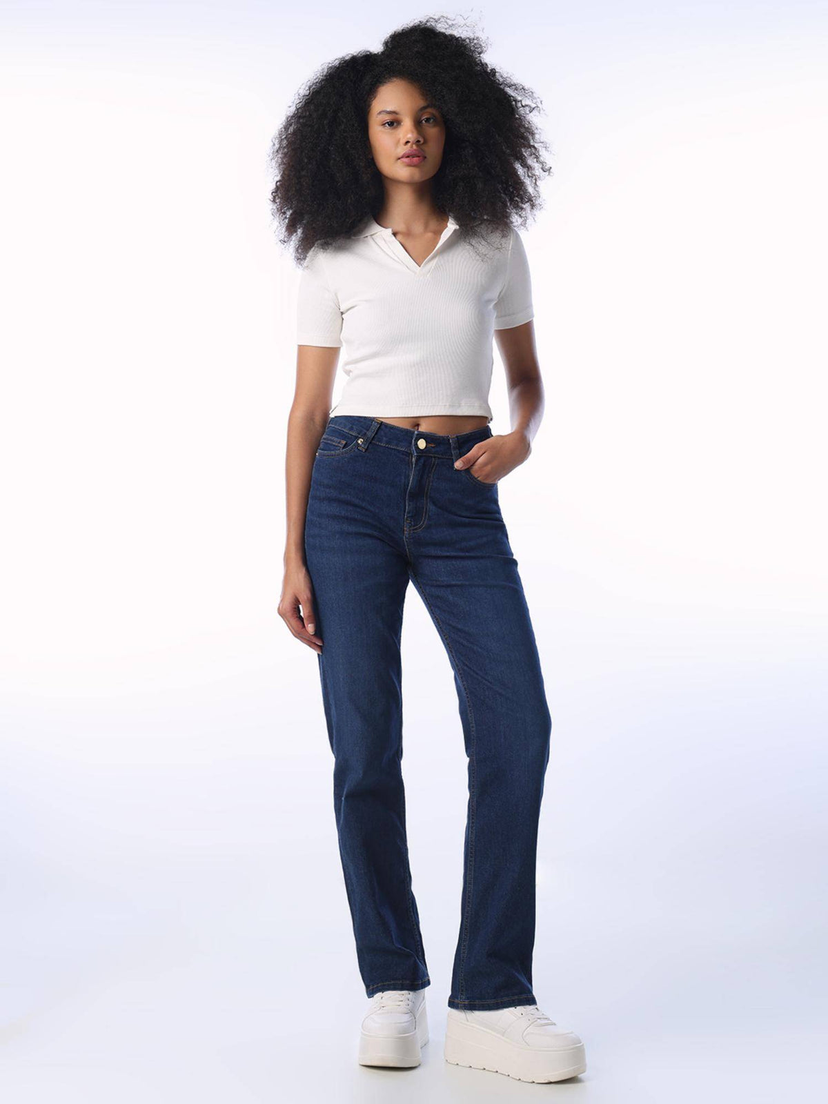 Blue Solid/Plain Mid Waist Jeans | O24 - view 2