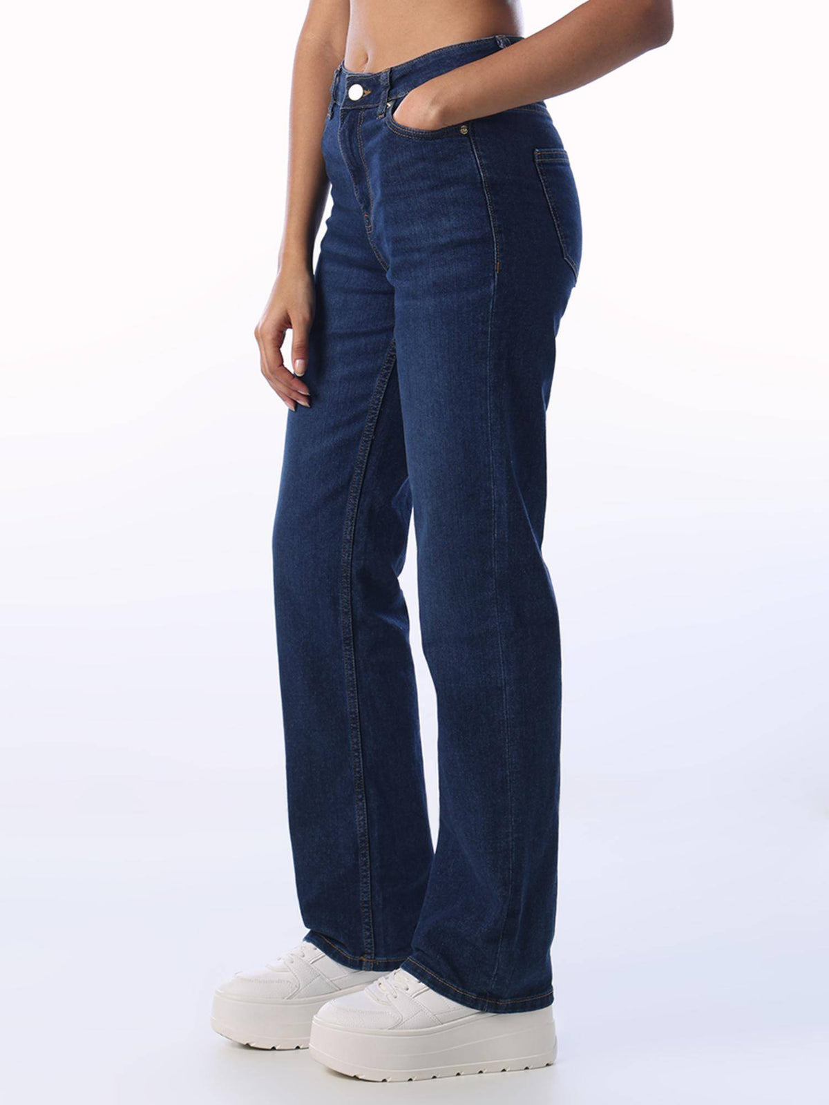 Blue Solid/Plain Mid Waist Jeans | O24 - view 4