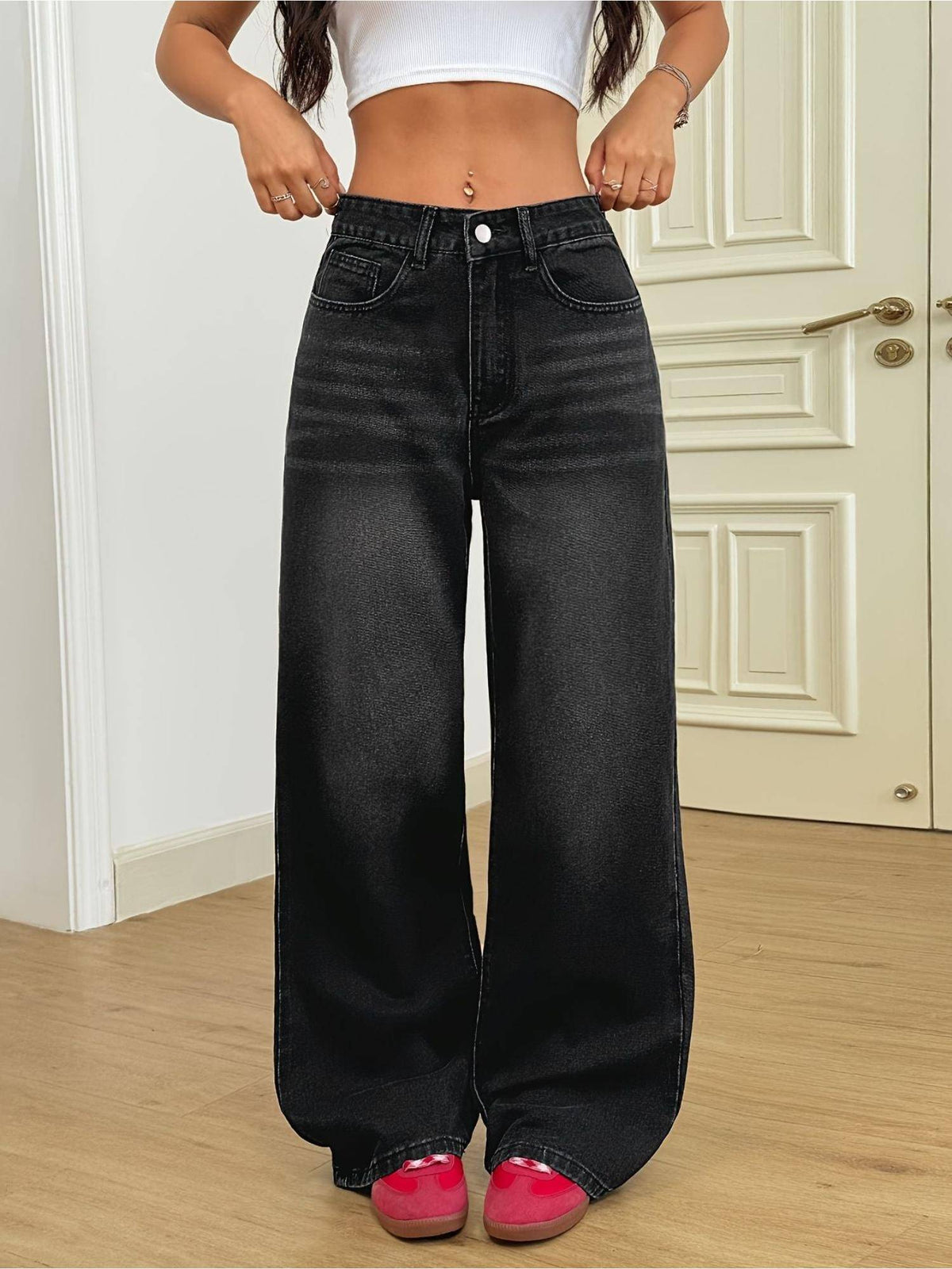 Black Solid/Plain Mid Waist Jeans | WL90 - view 4