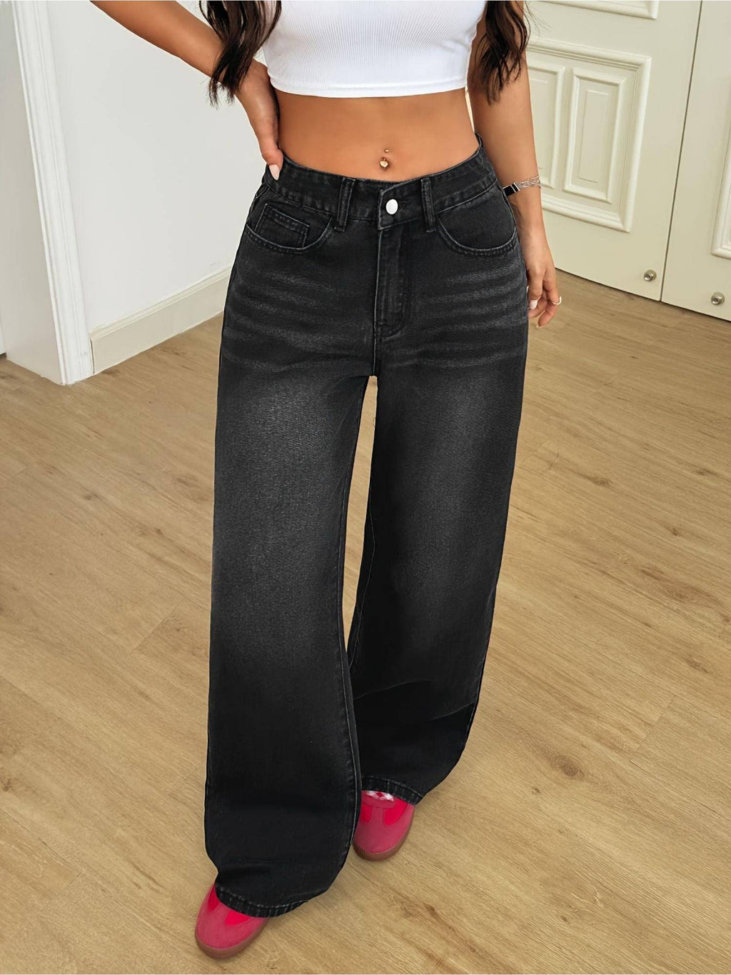 Black Solid/Plain Mid Waist Jeans | WL90 - view 5