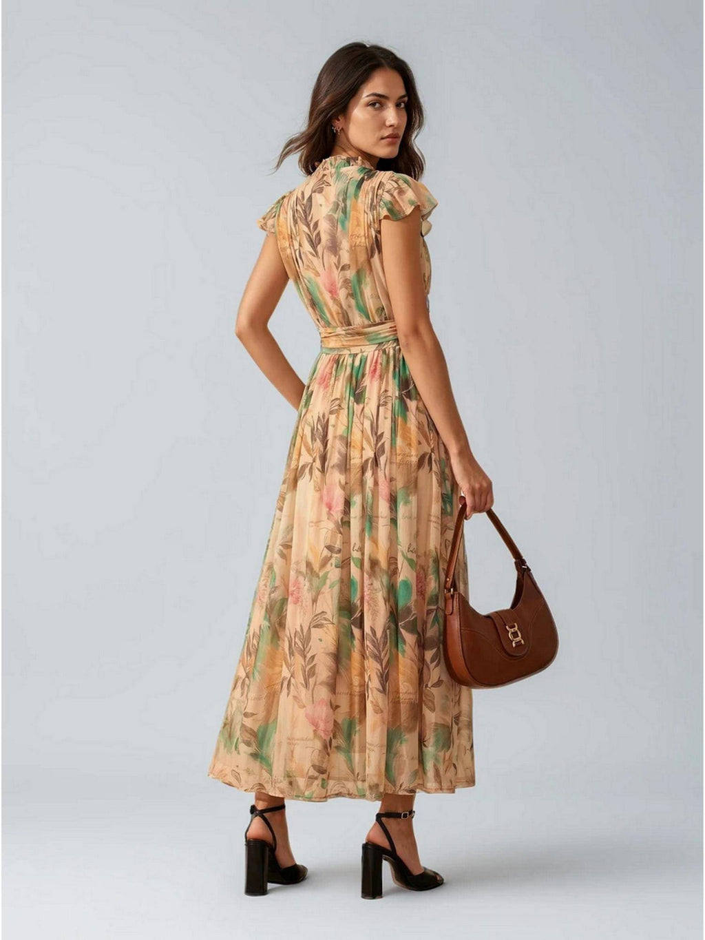 Coffee Polka Dot Polyester Maxi Dress | D56 - view 15