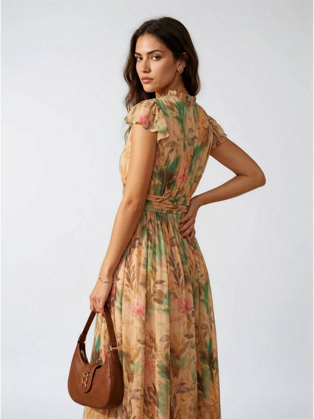 Beige Abstract Printed Polyester Maxi Dress | D56 - view 4