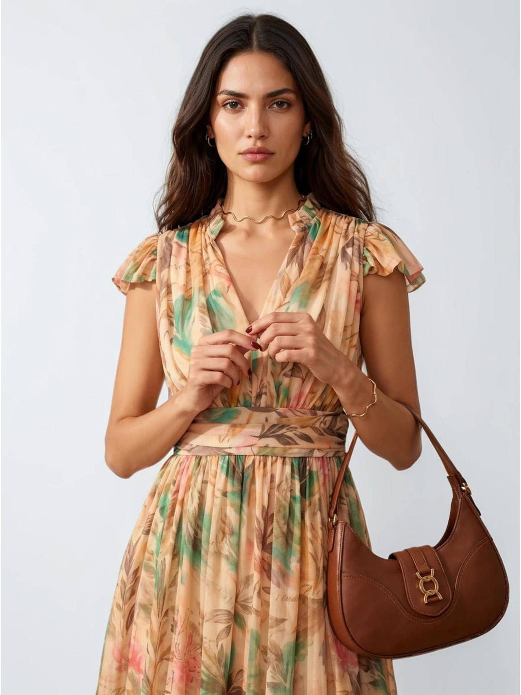Beige Abstract Printed Polyester Maxi Dress | D56 - view 5