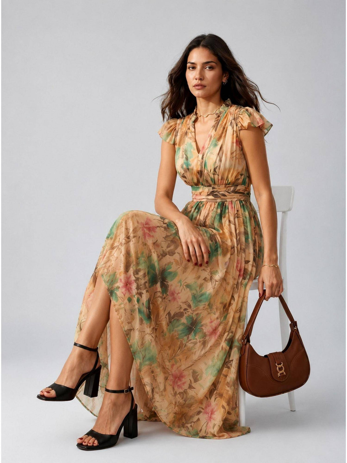 Coffee Polka Dot Polyester Maxi Dress | D56 - view 18
