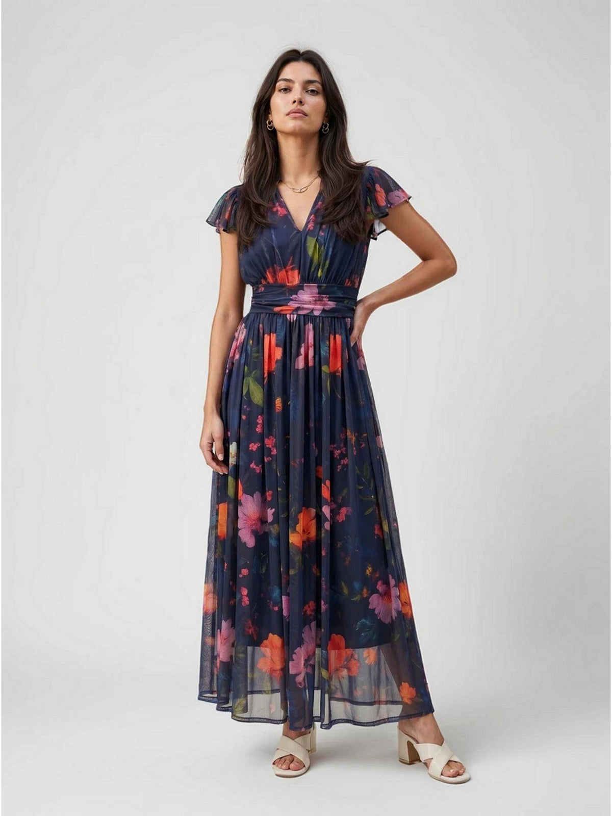 Beige Abstract Printed Polyester Maxi Dress | D56 - view 20