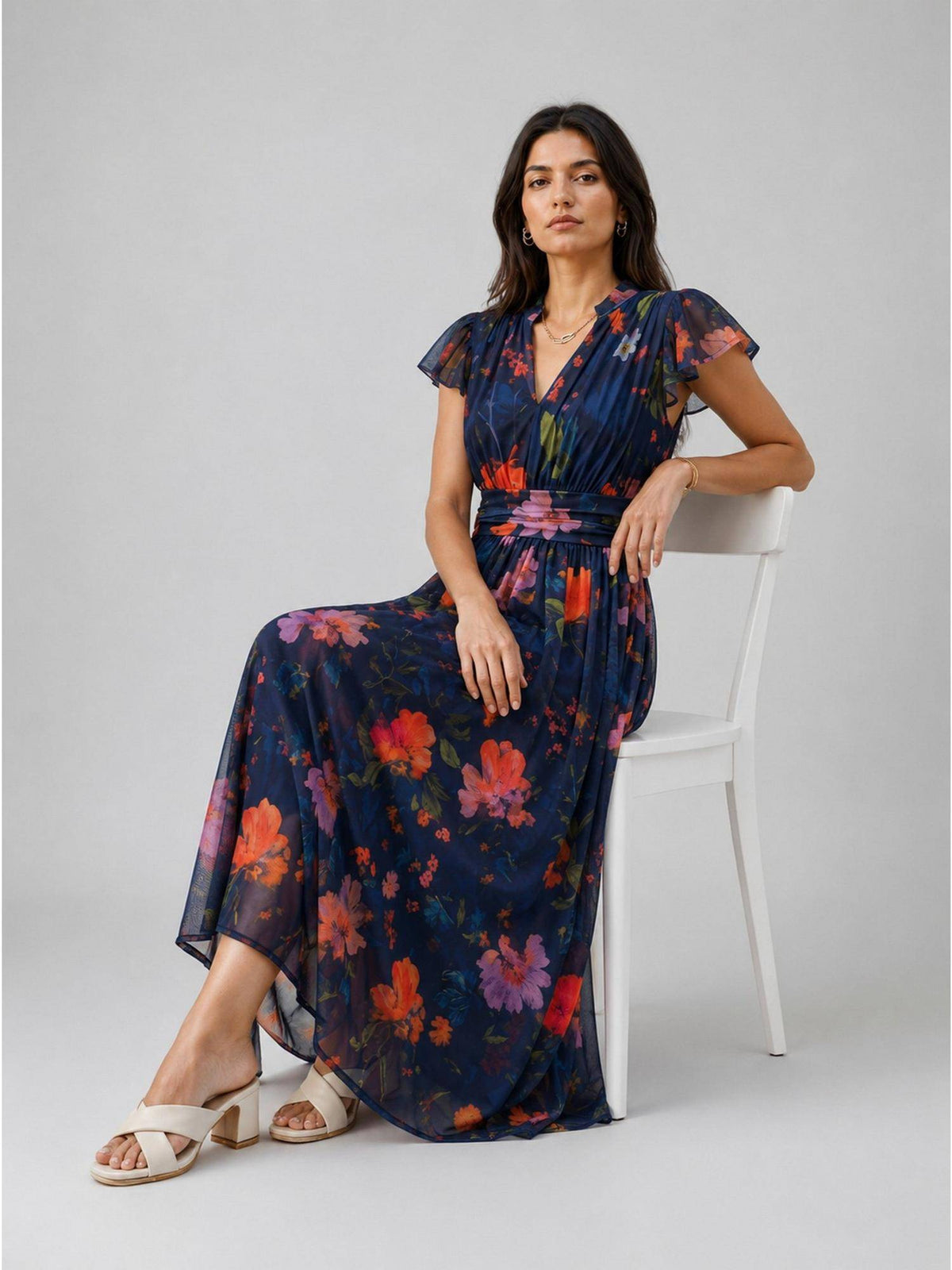 Beige Abstract Printed Polyester Maxi Dress | D56 - view 24