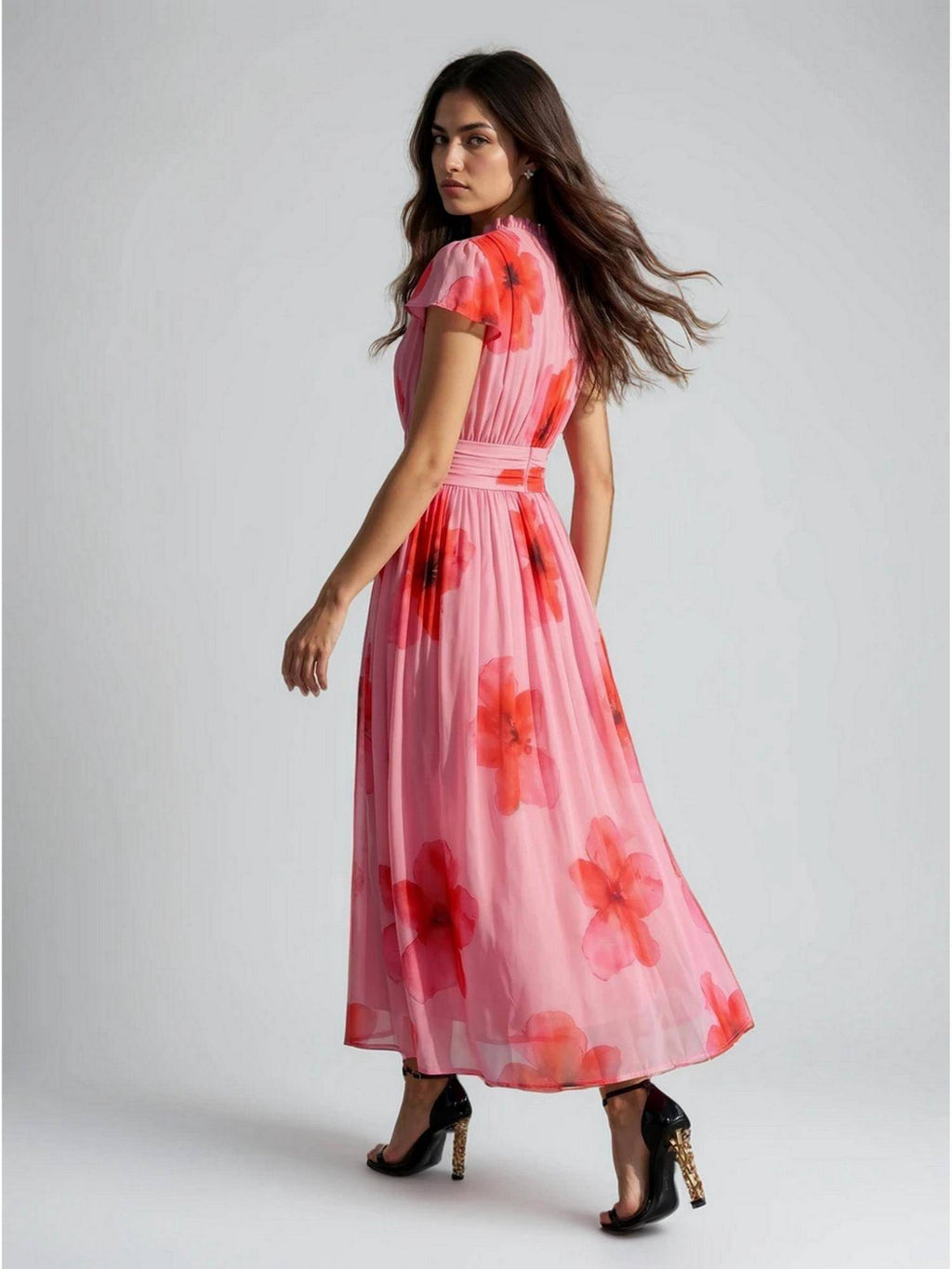 Sheer Flutter Sleeves Pink Floral Polyester Maxi Dress | D56 - view 3